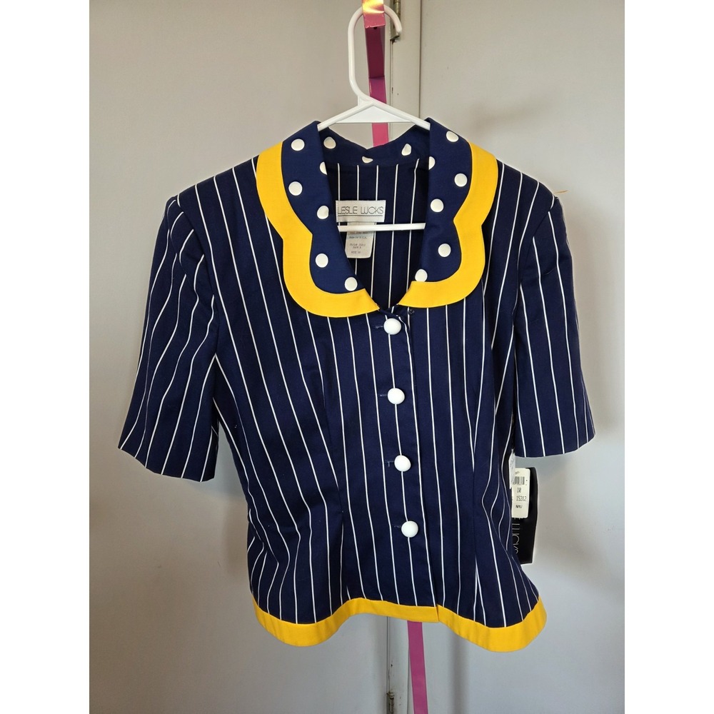Leslie Luck Blue Striped & Polka Dot Two-Piece Set | Size 10 | Vintage 80s Chic - Picture 2 of 9